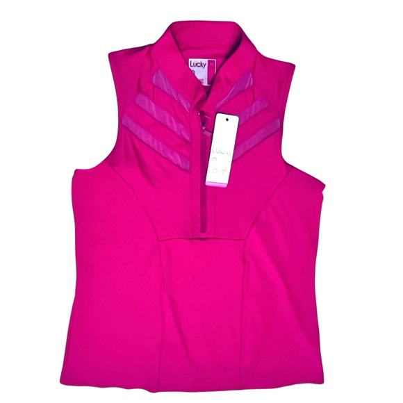 Lucky In Love Top Polo Golf Hot Pink Sleeveless 3/4 Zip Shirt Sz M NEW - Picture 2 of 11